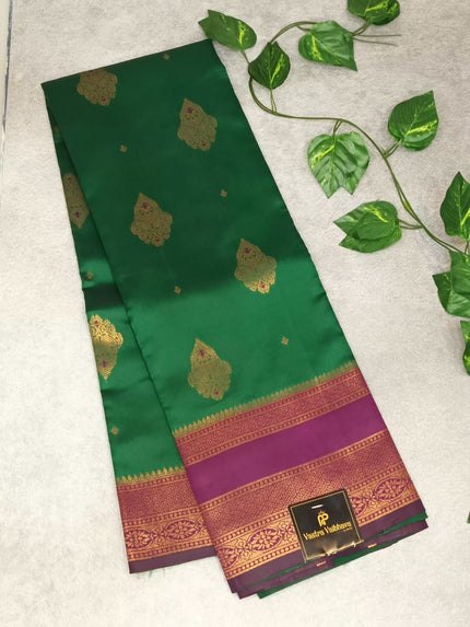 Green & Dark Pink Semi Cotton  Silk Saree with Golden Zari Border