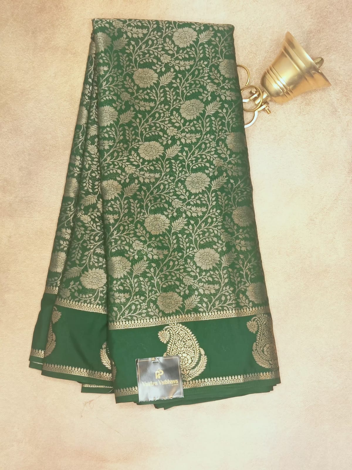 Semi Crepe Brocade Silk Saree –Bottle Green