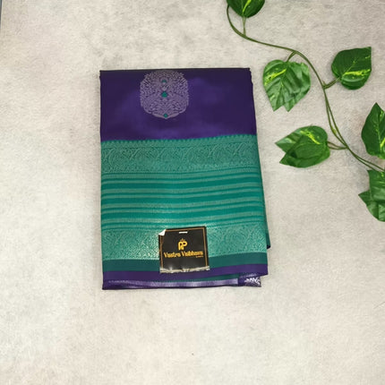 Royal Blue & Green Semi Cotton Silk Saree with Silver Zari Border