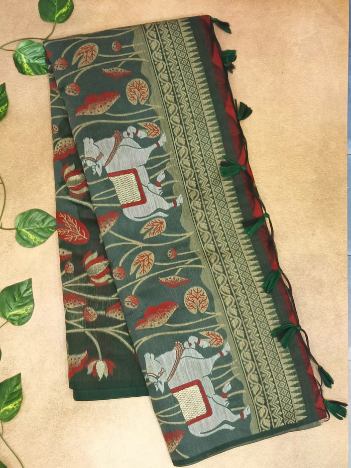 Muga Cotton Floral weaving work Saree
