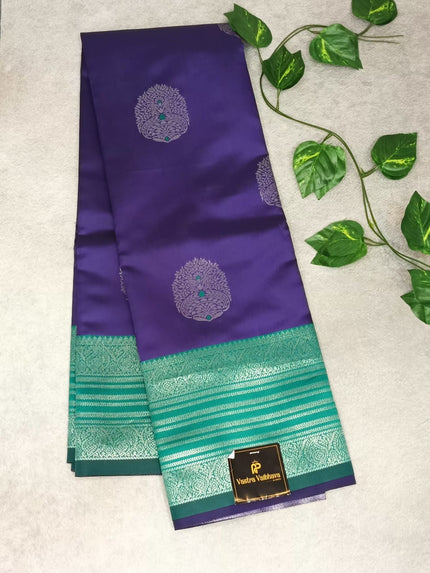 Royal Blue & Green Semi Cotton Silk Saree with Silver Zari Border