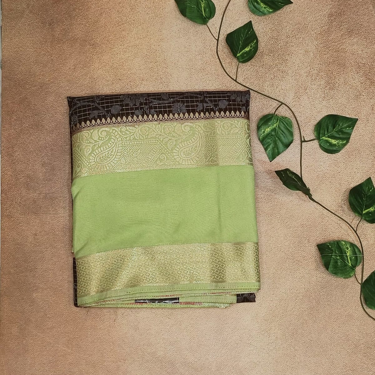 Semi Crepe Silk Saree -BROWN & LIGHT GREEN