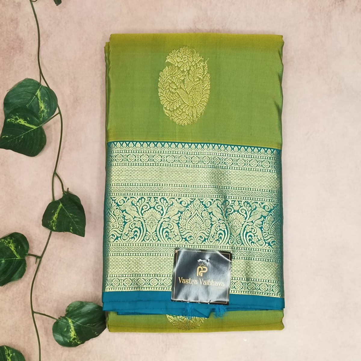 Pure Kanchipuram Silk Saree – Parrot Green with Royal Blue Border