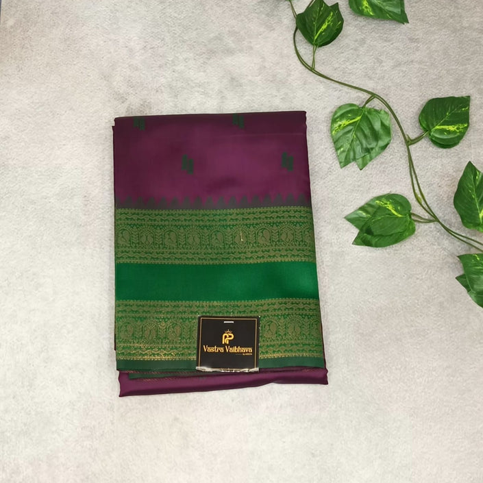 Royal Purple & Emerald Green Semi Cotton  Silk Saree with Golden Zari Border
