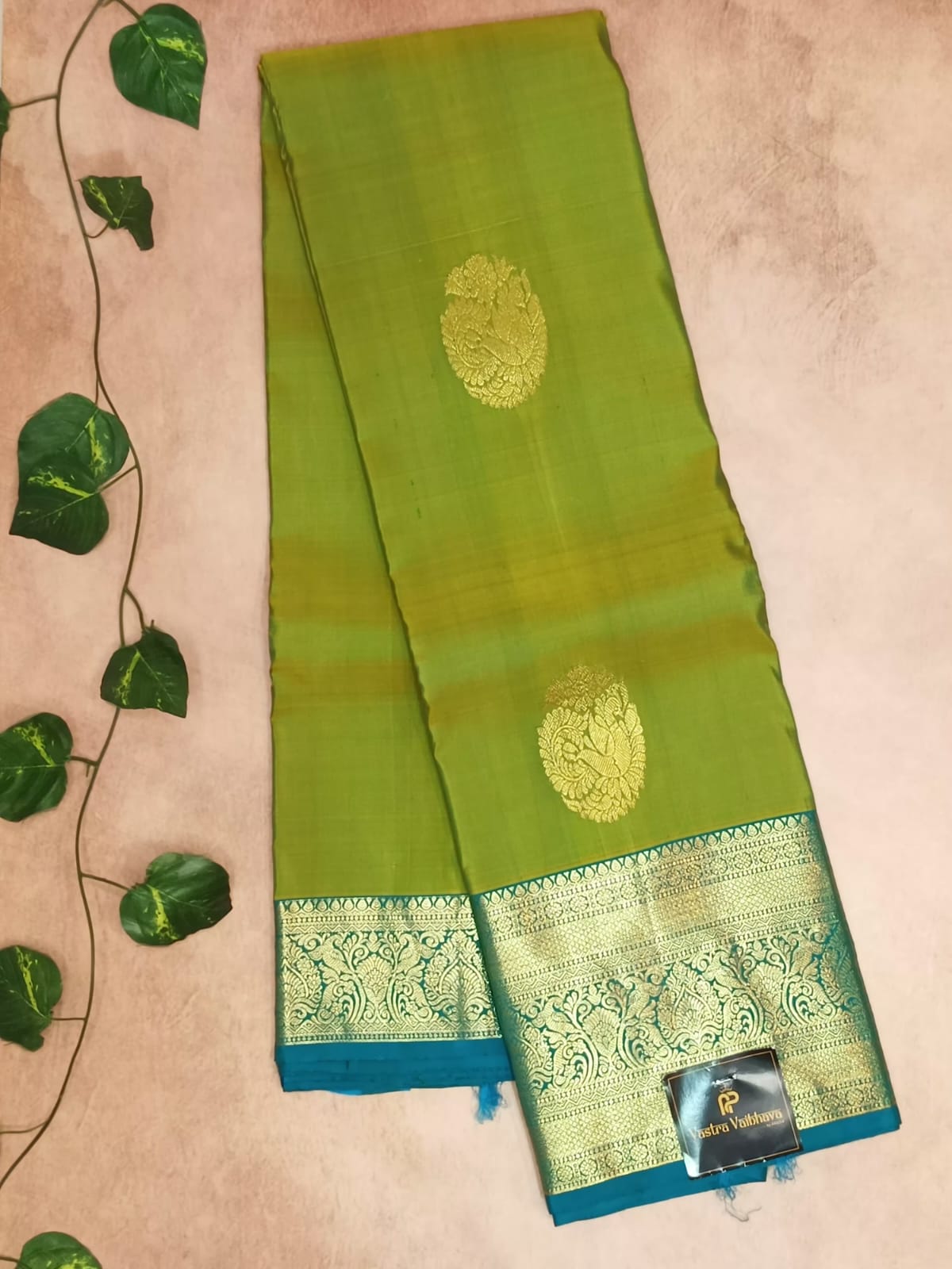 Pure Kanchipuram Silk Saree – Parrot Green with Royal Blue Border