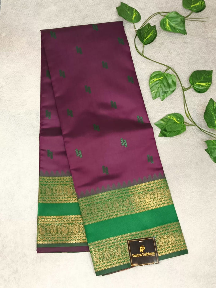 Royal Purple & Emerald Green Semi Cotton  Silk Saree with Golden Zari Border