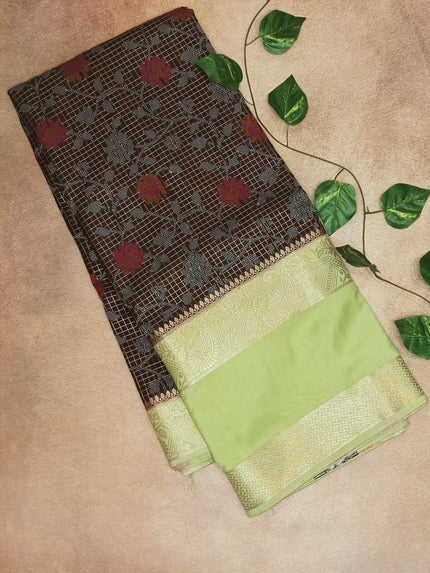 Semi Crepe Silk Saree -BROWN & LIGHT GREEN