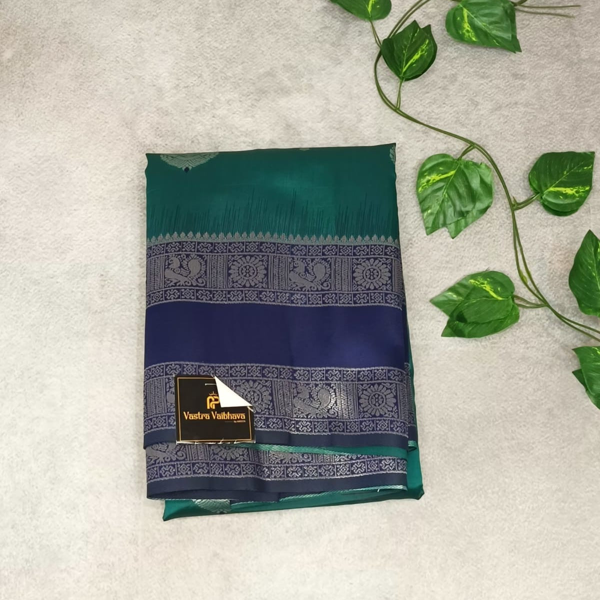 Rama Green & Navy Blue Semi Cotton  Silk Saree with Silver Zari Border
