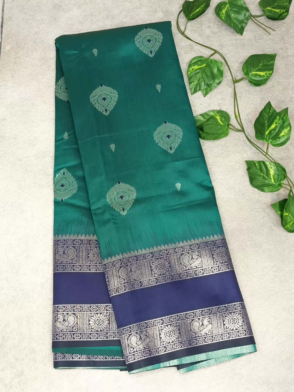 Rama Green & Navy Blue Semi Cotton  Silk Saree with Silver Zari Border