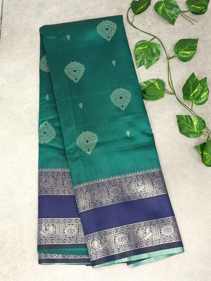 Rama Green & Navy Blue Semi Cotton  Silk Saree with Silver Zari Border