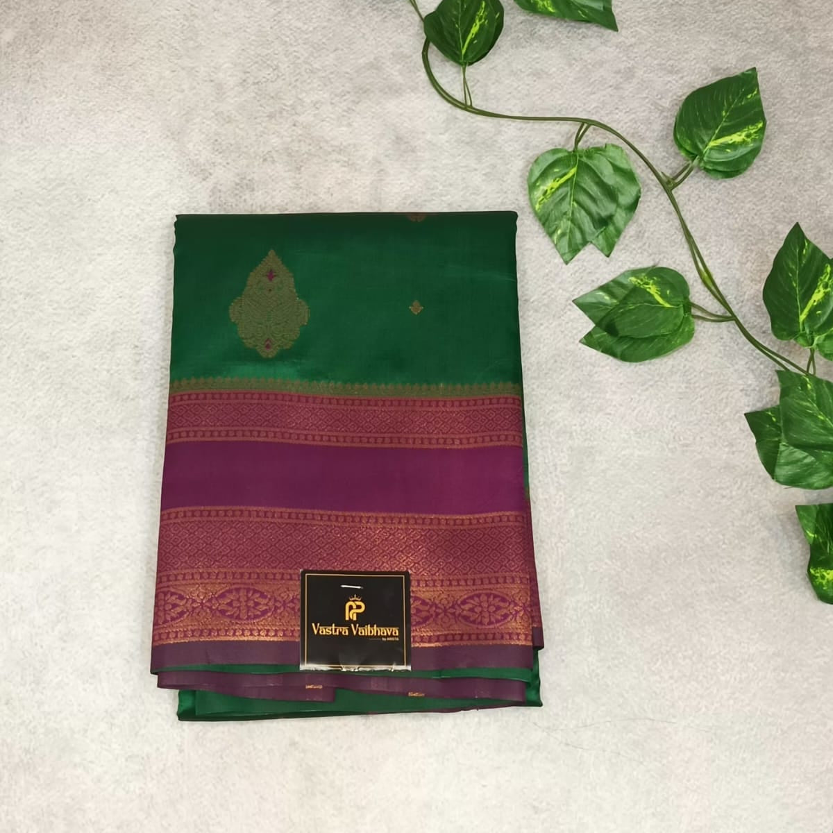 Green & Dark Pink Semi Cotton  Silk Saree with Golden Zari Border