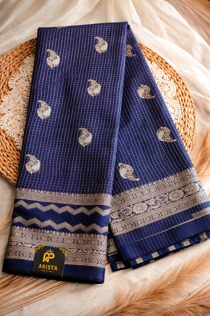 CREPE SILK Ink Blue with Checks Butta