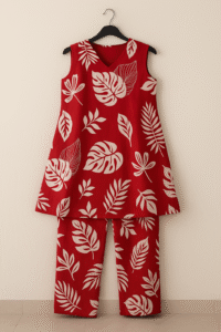 Cotton floral print A line Kurta Red CO-ORD SET