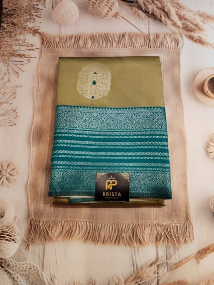 Olive Green & Teal semi cotton  Silk Saree with Silver Zari Border