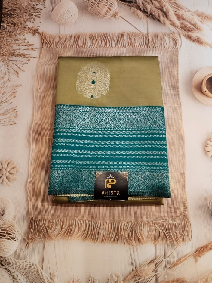 Olive Green & Teal semi cotton  Silk Saree with Silver Zari Border