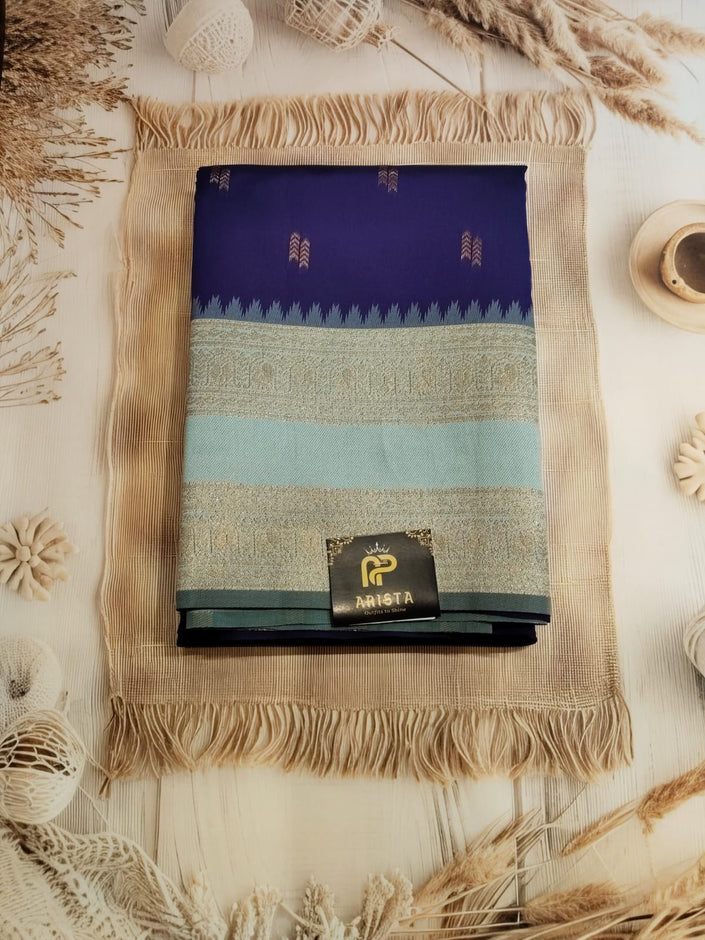 Navy & Sky Blue Semi Cotton Silk Saree with Silver Zari Border