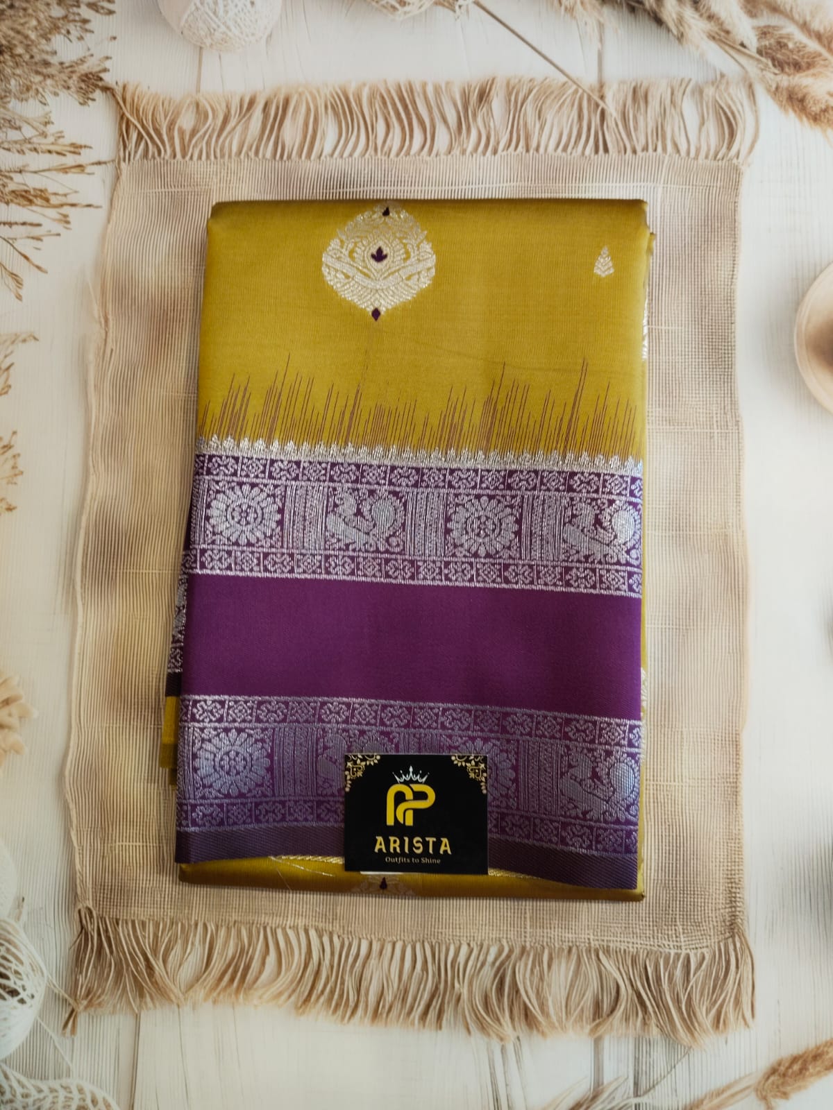 Mustard Yellow & Purple Semi cotton Silk Saree with Silver Zari Border
