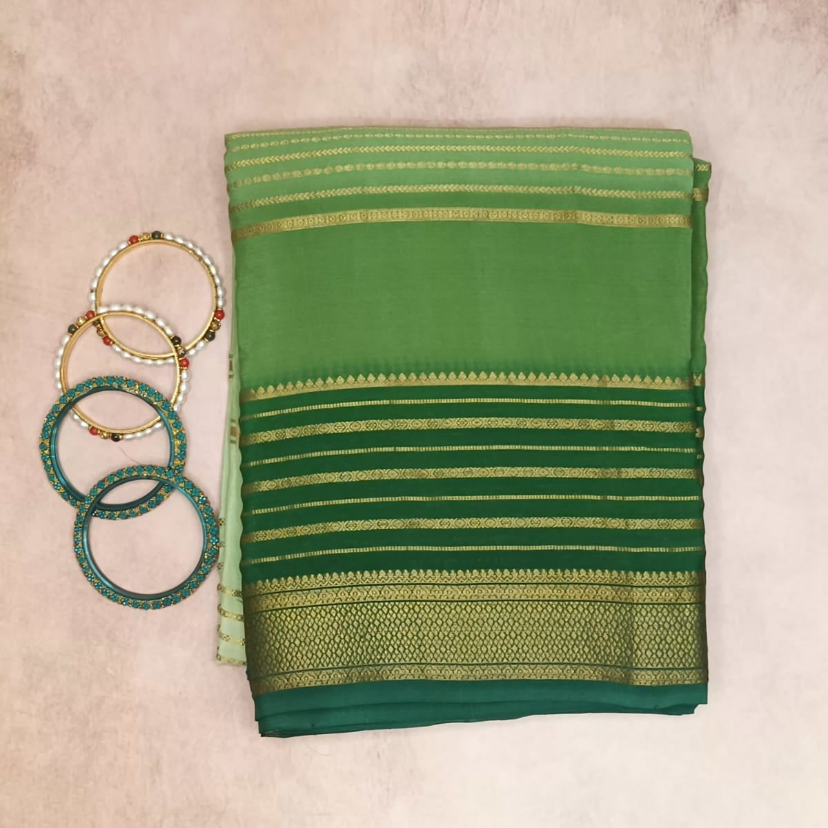 Pure Crepe Mysore Silk Saree – Light & Dark Green Shaded