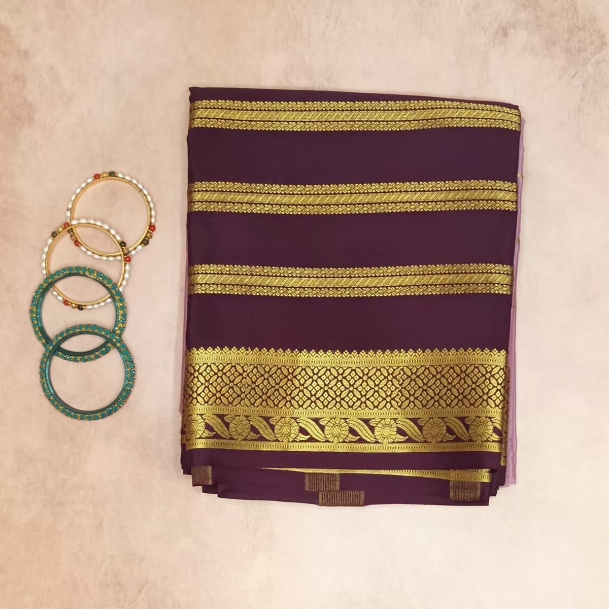 Pure Crepe Mysore Silk Saree gold zari stripes
