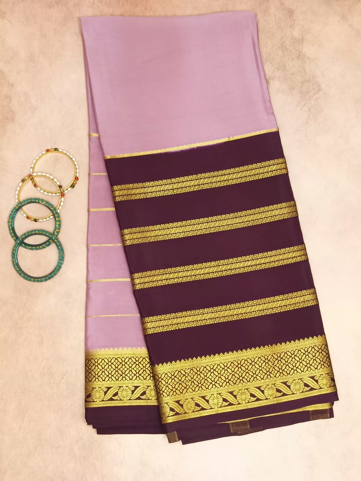 Pure Crepe Mysore Silk Saree gold zari stripes