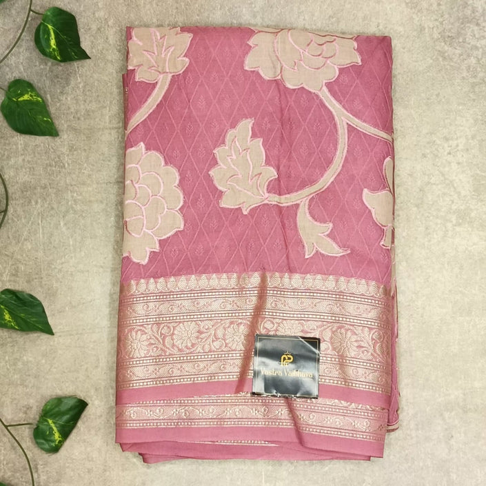 Premium Applique Work Silk Saree – Elegant Rose Pink