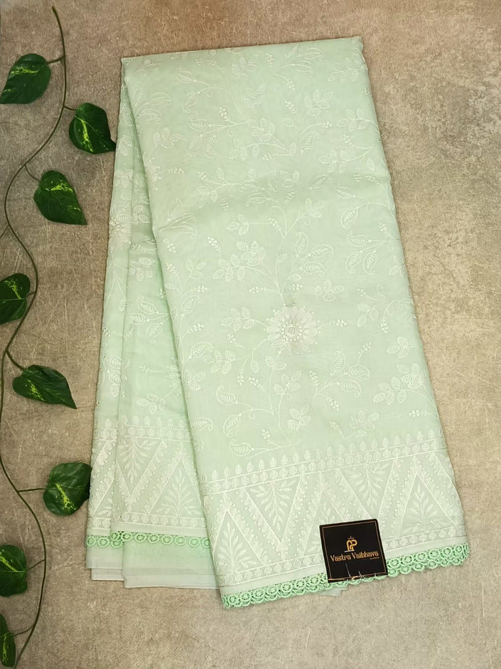 Embroidery Chikankari Work Saree – Soft Mint Green Elegance