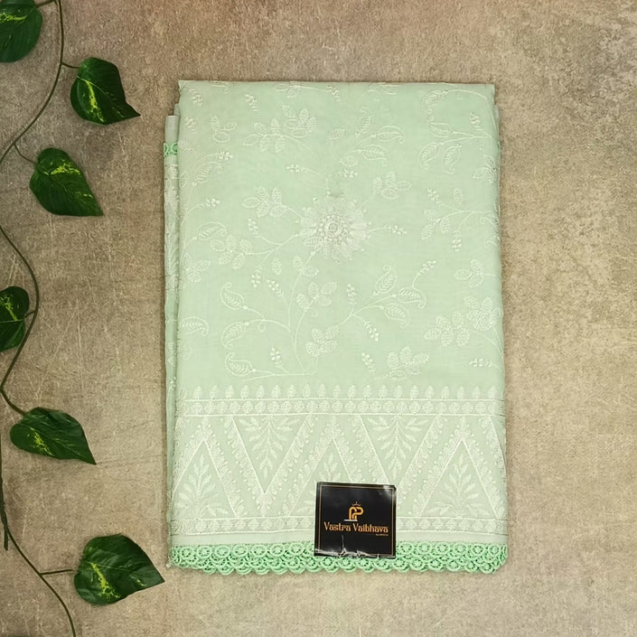 Embroidery Chikankari Work Saree – Soft Mint Green Elegance