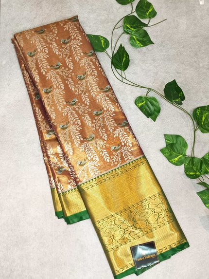 Semi Kanchi Tissue Silk Saree- Brown