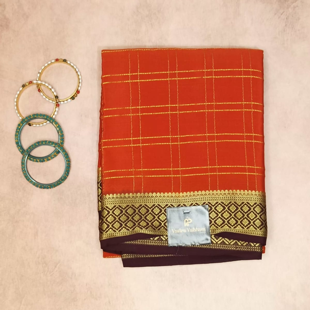 PURE CREPE MYSORE SILK SAREE ORANGE CHECKS