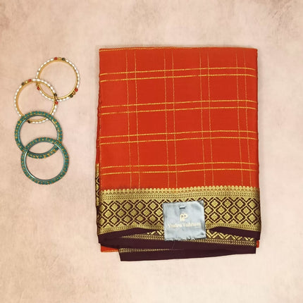 PURE CREPE MYSORE SILK SAREE ORANGE CHECKS