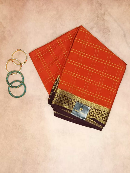 PURE CREPE MYSORE SILK SAREE ORANGE CHECKS