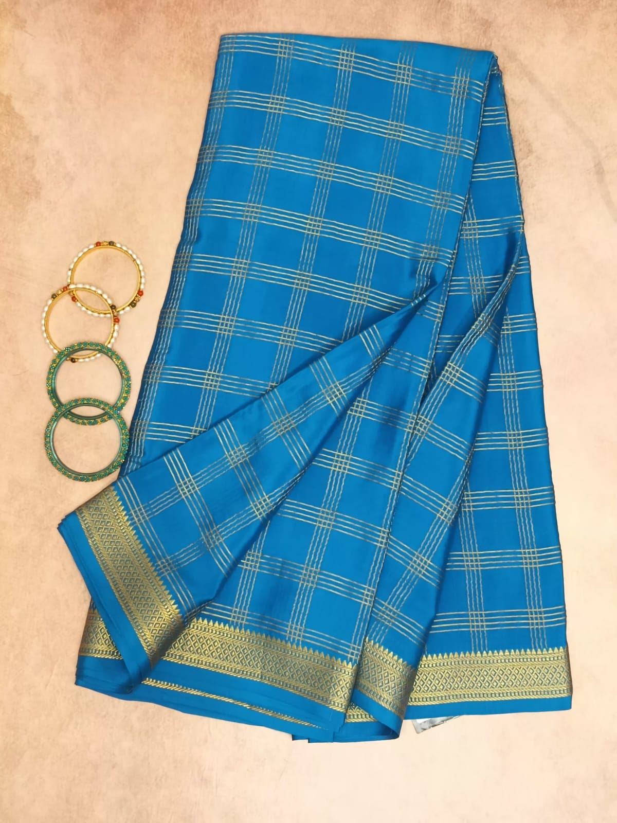 Pure Crepe Mysore Silk Saree 4 line Checks