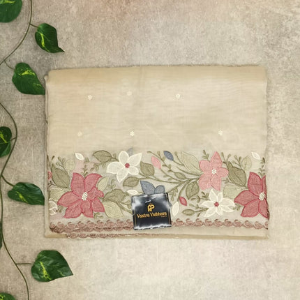 Pure Linen Tissue,Work Saree-Blush Beige