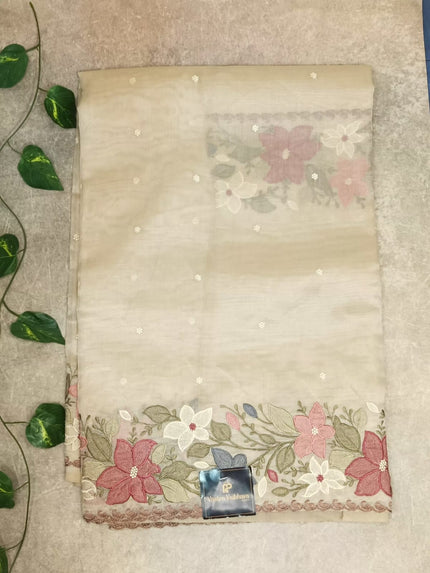 Pure Linen Tissue,Work Saree-Blush Beige