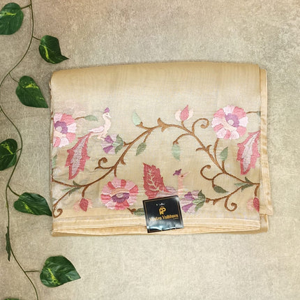 Pure Tissue Floral Thread Work Saree- Soft Beige