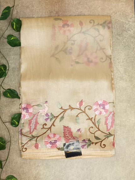 Pure Tissue Floral Thread Work Saree- Soft Beige
