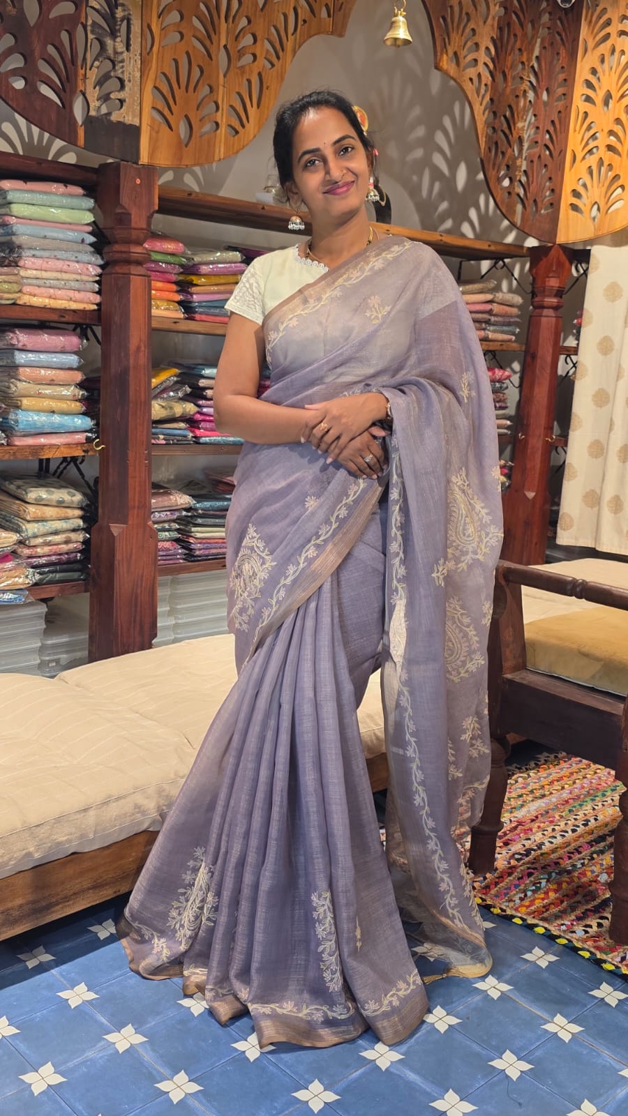 Pure Linen Saree with Elegant Stitch Work