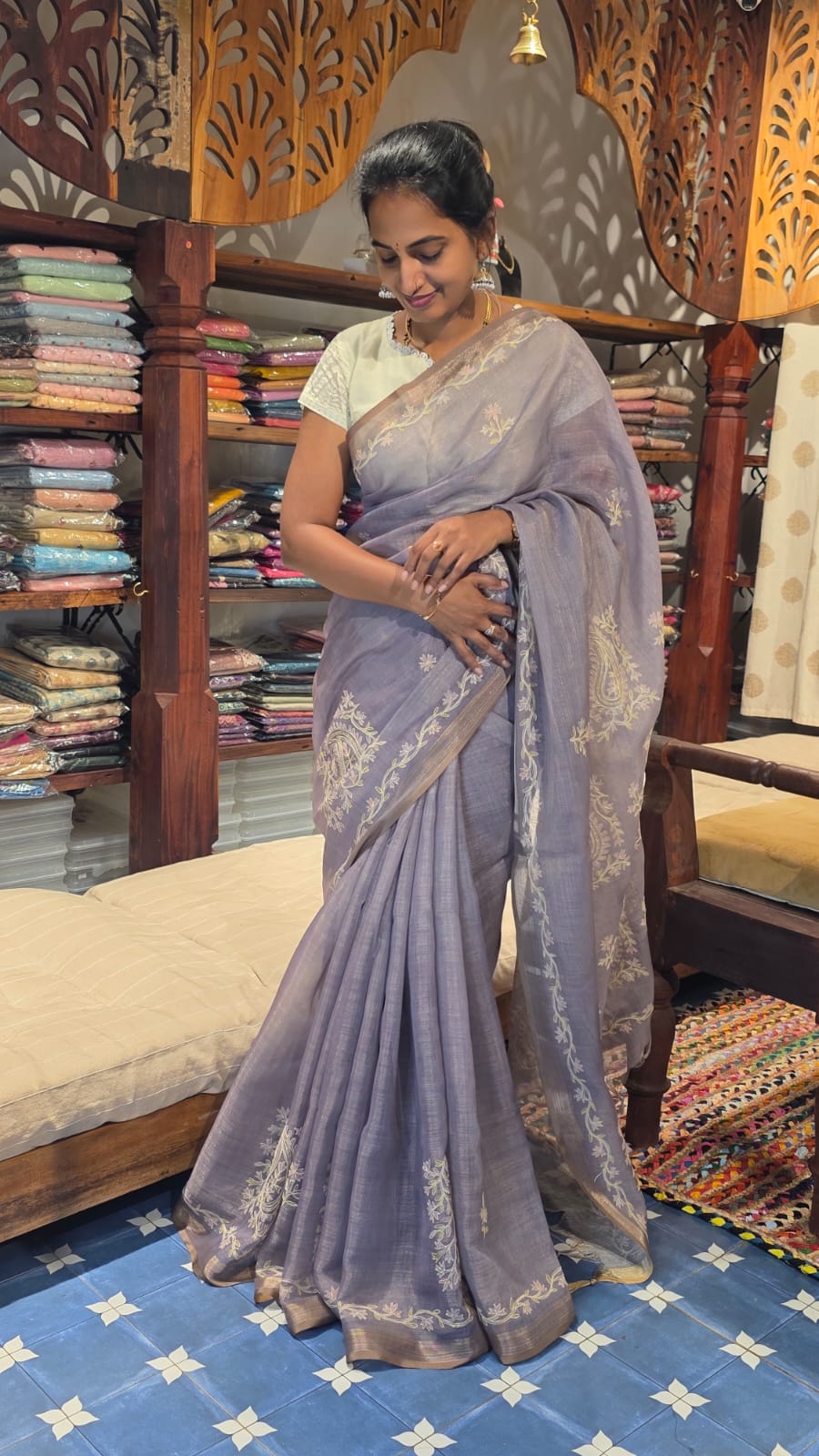 Pure Linen Saree with Elegant Stitch Work
