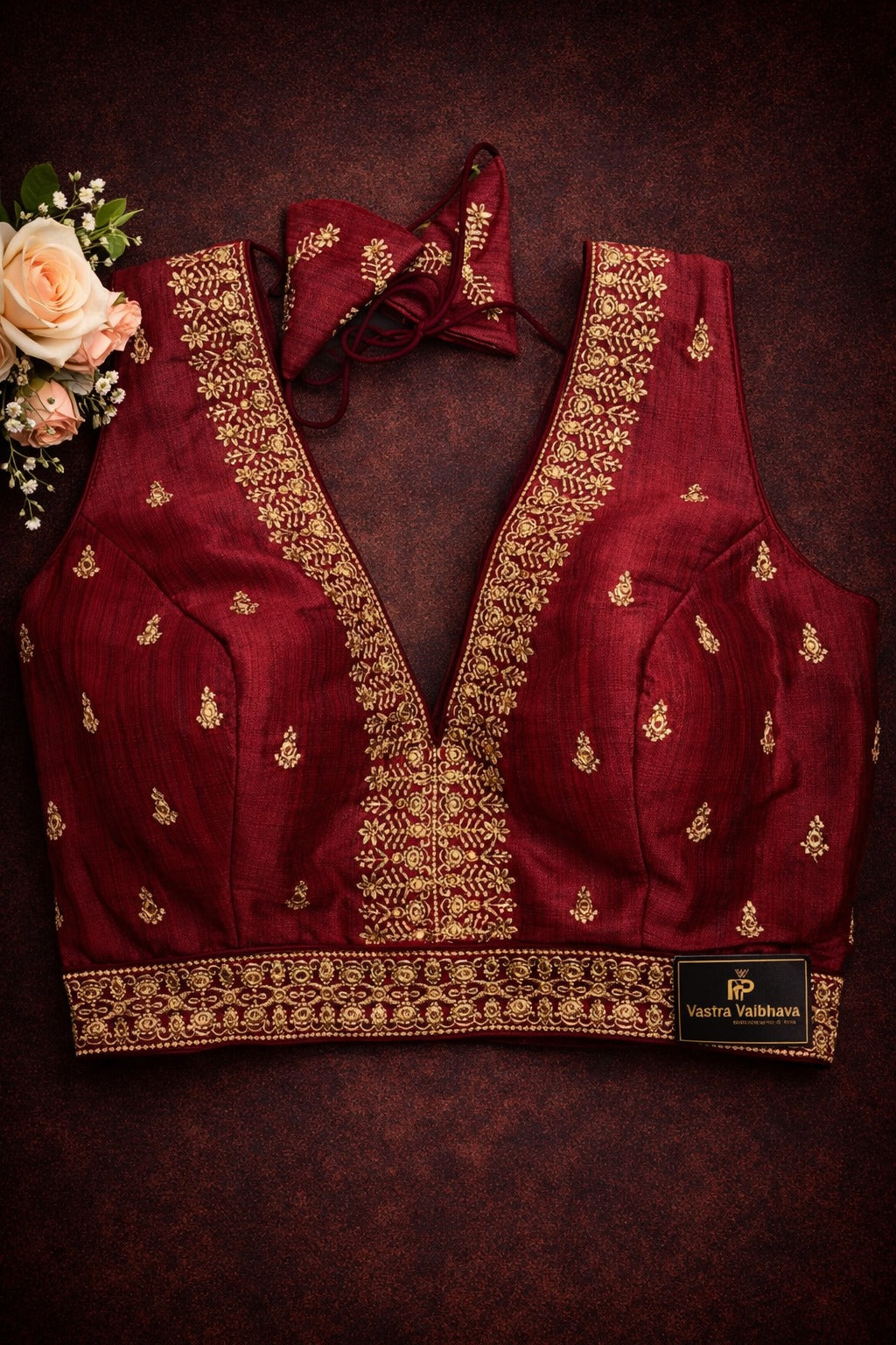 Raw Silk Thread Work V-Neck Blouse
