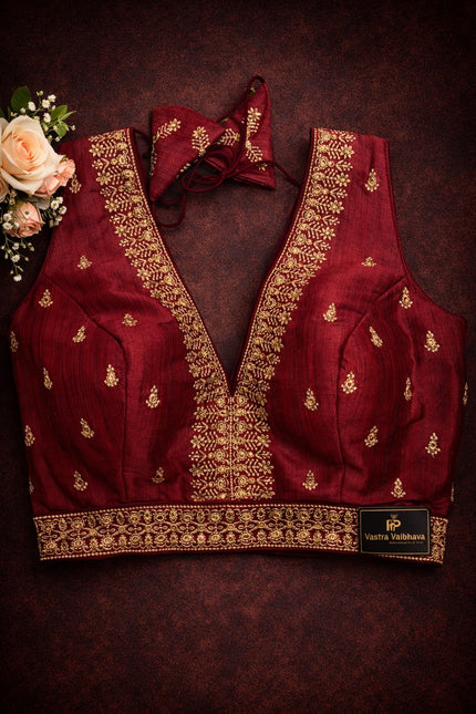 Raw Silk Thread Work V-Neck Blouse