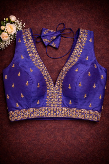 Raw Silk Thread Work V-Neck Blouse