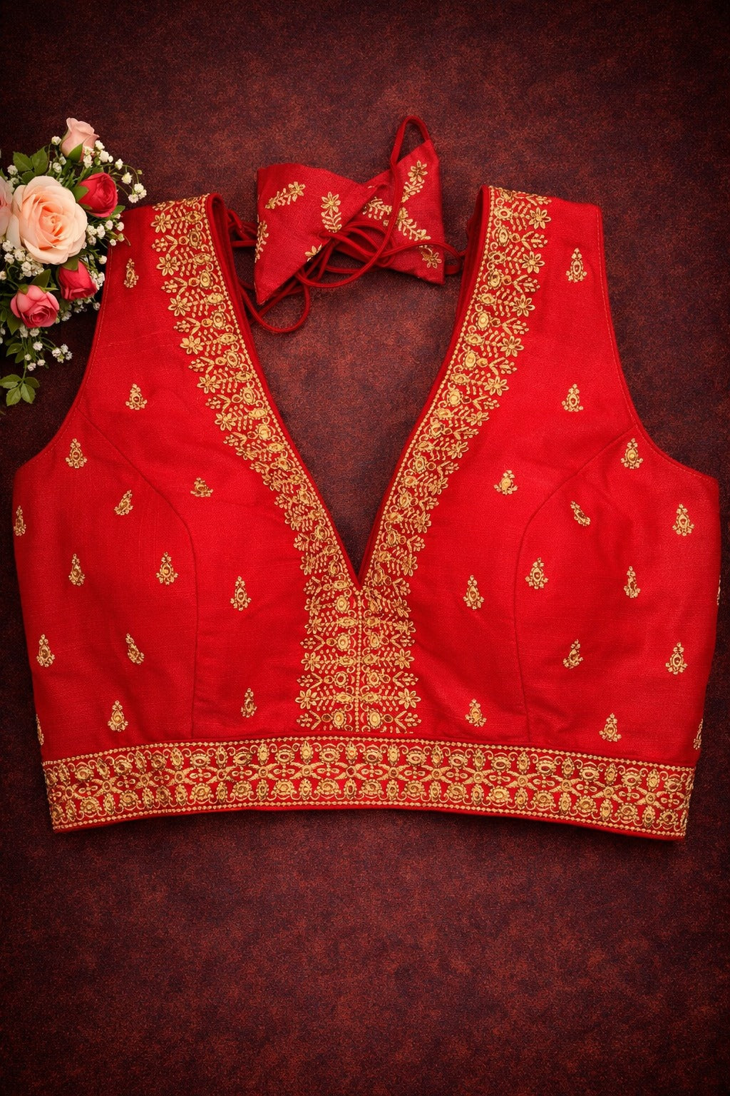 Raw Silk Thread Work V-Neck Blouse