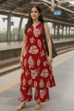 Cotton floral print A line Kurta Red CO-ORD SET
