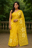 Yellow Organza Saree with White Floral Embroidery