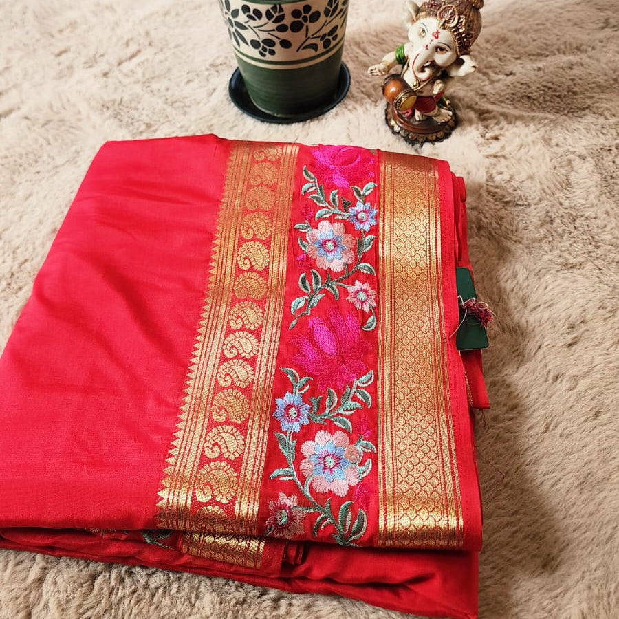 Semi Crepe Silk Red with Embroidery