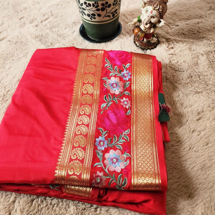Semi Crepe Silk Red with Embroidery