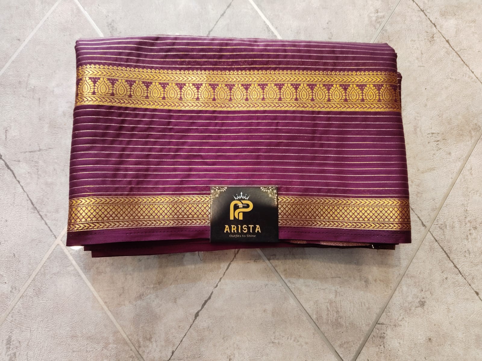 Crepe Silk Coffee Brown with Golden Stripes Saree