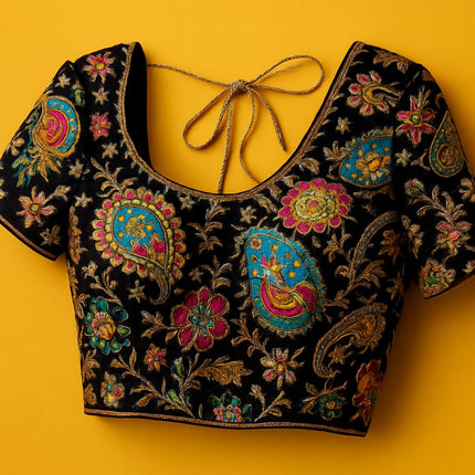 Natural Crepe Blouse with Pen Kalamkari Embroidery