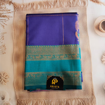Purple & Rama Green Semi Kanchipuram Silk Saree with Golden Zari Border