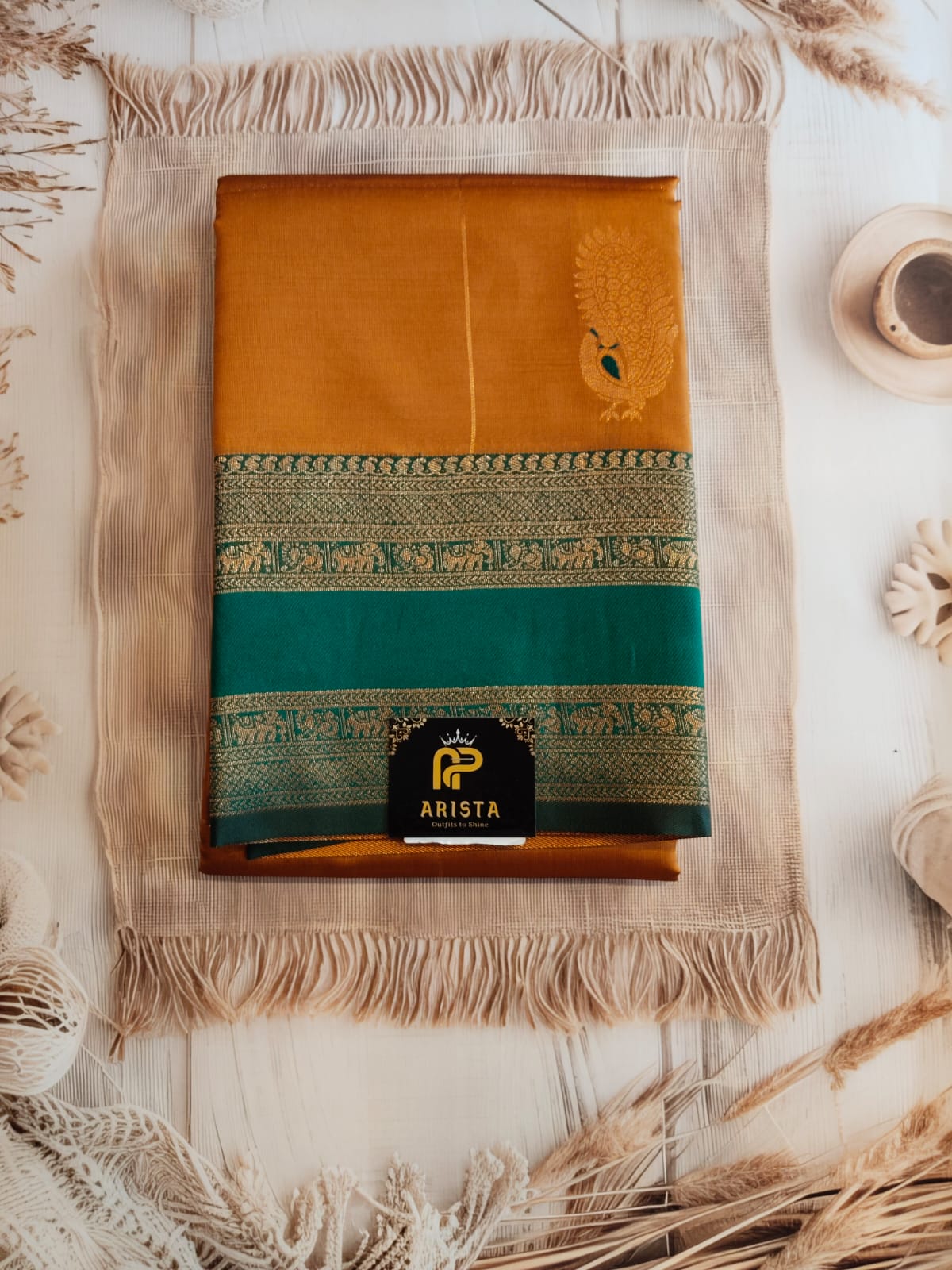 Mango yellow & Green Semi Cotton Silk Saree with Golden Zari Border